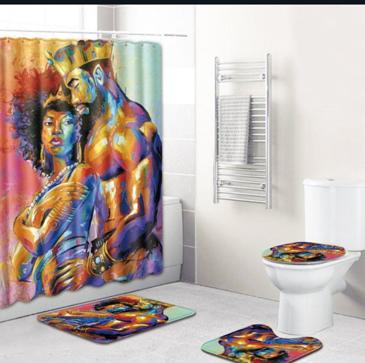 4 piece Afro-centric shower curtain set(black King and queen)