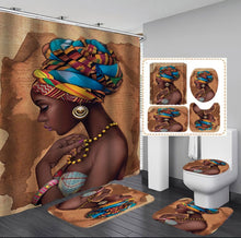 Load image into Gallery viewer, 4 piece Afro-centric shower curtain set(black woman with headwrap)